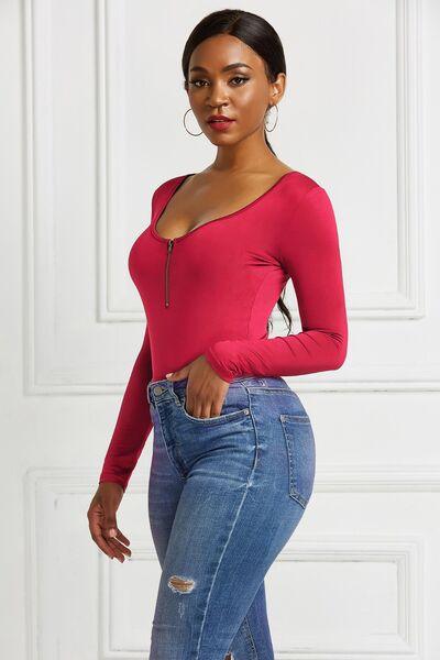 Half Zip Scoop Neck Long Sleeve Bodysuit - Chic Yana's Fashion