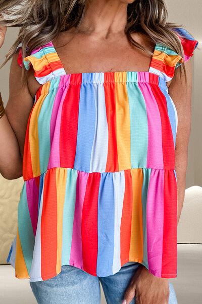 Ruffled Color Block Square Neck Top - Chic Yana's Fashion