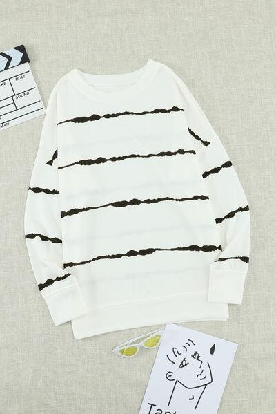 Slit Contrast Striped Round Neck Long Sleeve T Shirt - Chic Yana's Fashion