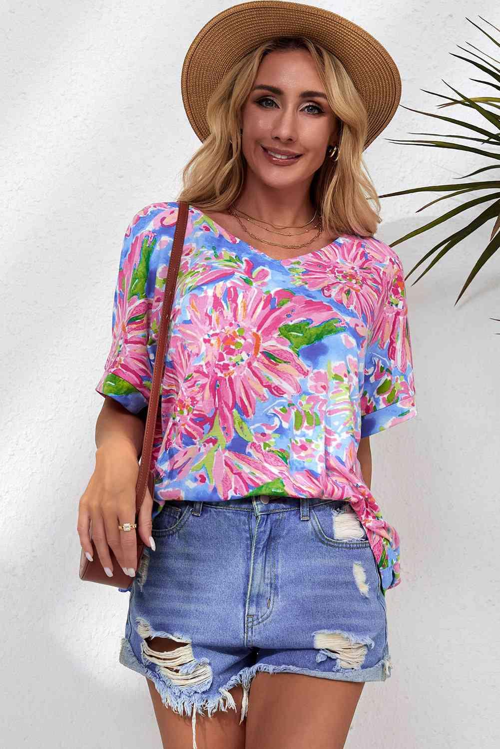 Floral V Neck Short Sleeve Blouse - Chic Yana's Fashion