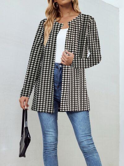 Houndstooth Open Front Long Sleeve Jacket - Chic Yana's Fashion