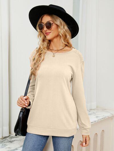 Ruched Shoulder Round Neck Long Sleeve Sweatshirt - Chic Yana's Fashion