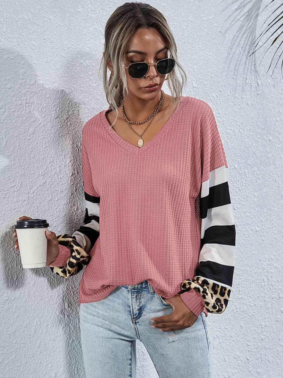 Leopard Striped Waffle Knit Top - Chic Yana's Fashion