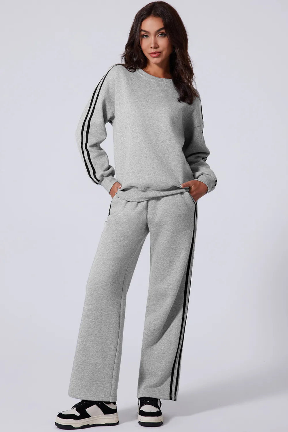 Side Striped Round Neck Top and Pants Active Set – stylish women's fashion from Chic Yana's Fashion