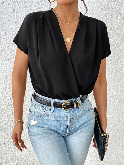 Perfee Surplice Short Sleeve Ruched Bodysuit - Chic Yana's Fashion