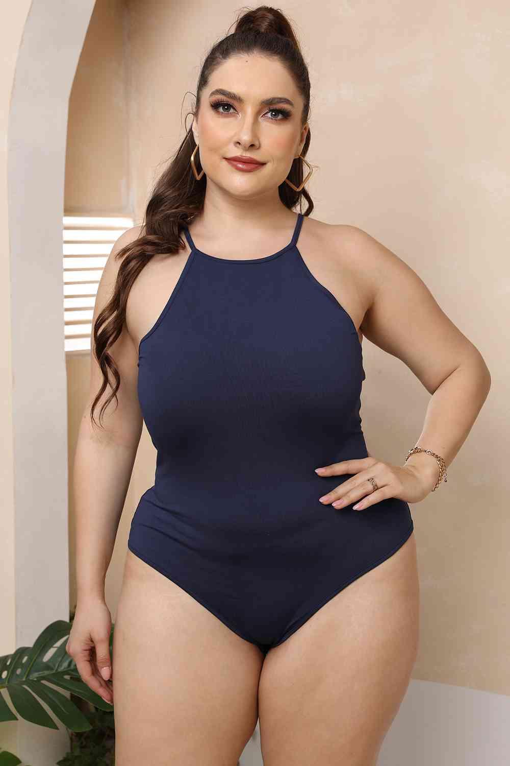 Plus Size Halter Neck Spaghetti Strap Bodysuit - Chic Yana's Fashion