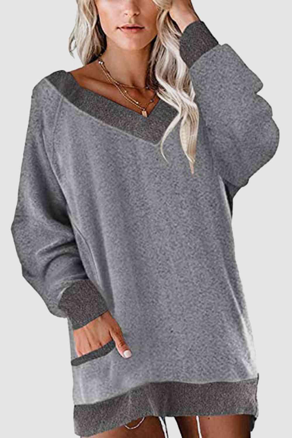 V Neck Long Sleeve Sweatshirt With Pockets - Chic Yana's Fashion