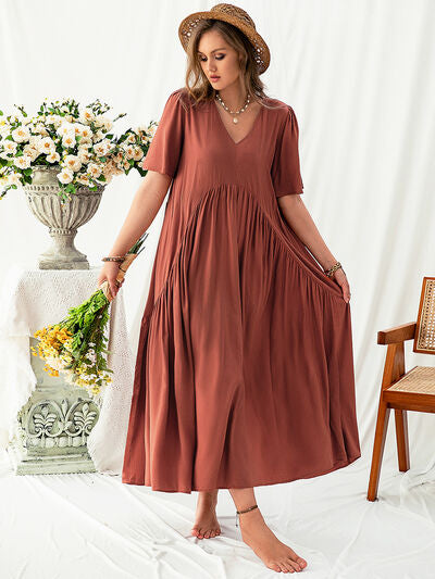 Plus Size V Neck Flutter Sleeve Midi Dress - Chic Yana's Fashion