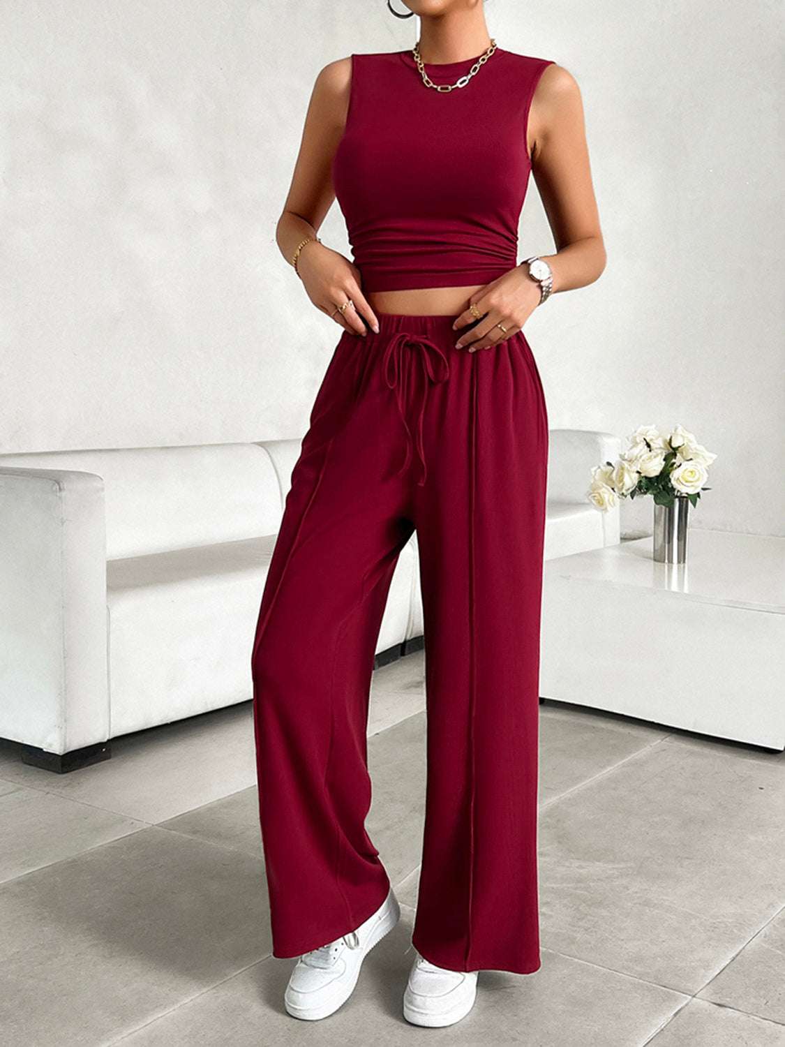 Devine Mock Neck Sleeveless Top and Drawstring Pants Set – Chic Yana’s Fashion