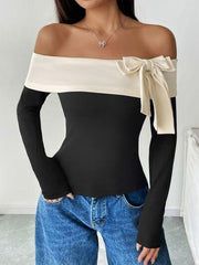 Perfee Bow Contrast Off Shoulder Long Sleeve Top - Chic Yana's Fashion