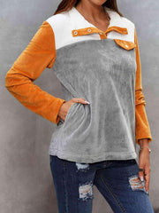 Shiny Color Block Collared Sweatshirt With Pockets - Chic Yana's Fashion