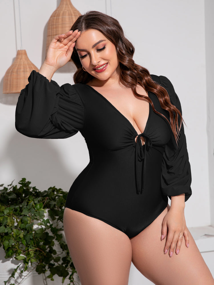 Plus Size Tied Deep V Balloon Sleeve One Piece Swimsuit - Stylish and Trendy Women's Fashion from Chic Yana's Fashion