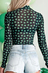 Lucky Clover Mock Neck Long Sleeve Bodysuit - Chic Yana's Fashion