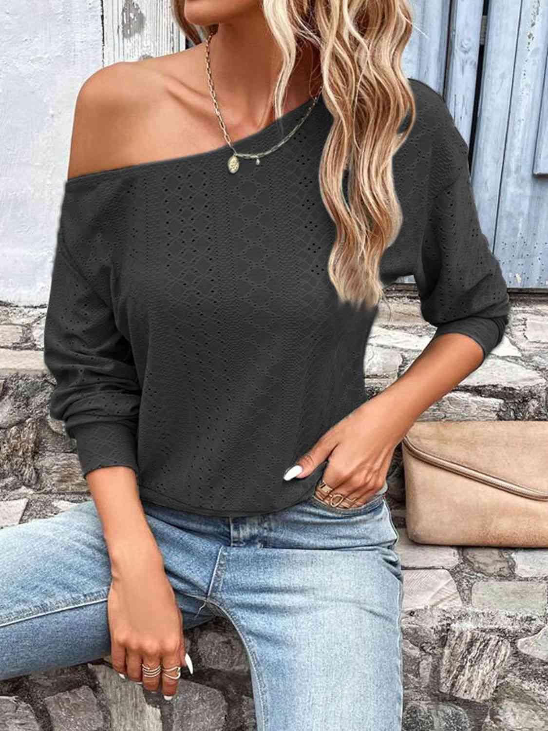 Eyelet Dropped Shoulder Blouse - Chic Yana's Fashion