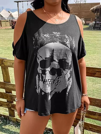 Plus Size Skeleton Graphic Round Neck Cold Shoulder T Shirt - Chic Yana's Fashion