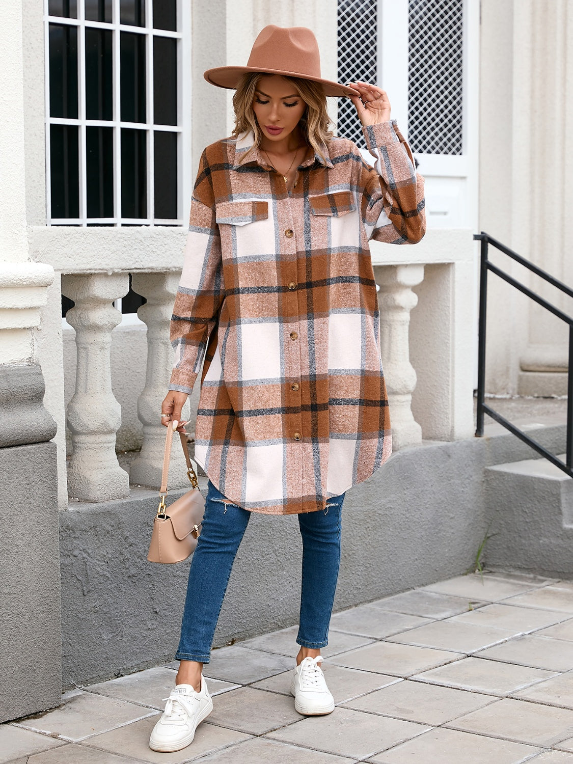 Plaid Button Up Long Sleeve Longline Outerwear - Chic Yana’s Fashion