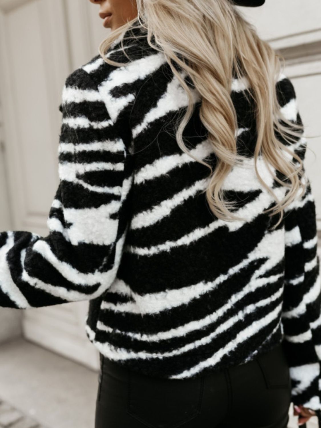 Close-up of Fuzzy Animal Print Collared Neck Coat, showcasing high-quality fabric and design.