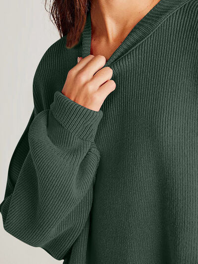 Double Take Side Slit Round Neck Long Sleeve Sweater - Chic Yana's Fashion