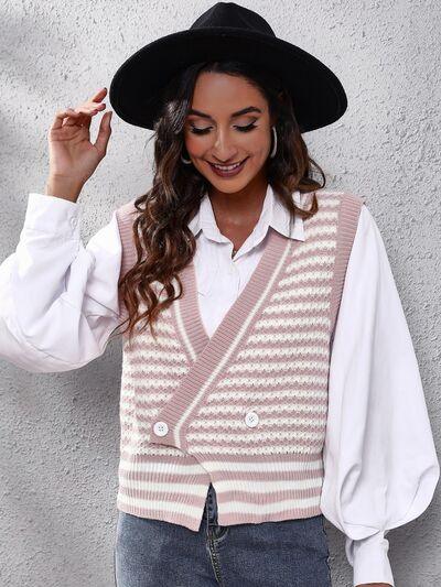 Striped Button Up V Neck Sweater Vest - Chic Yana's Fashion