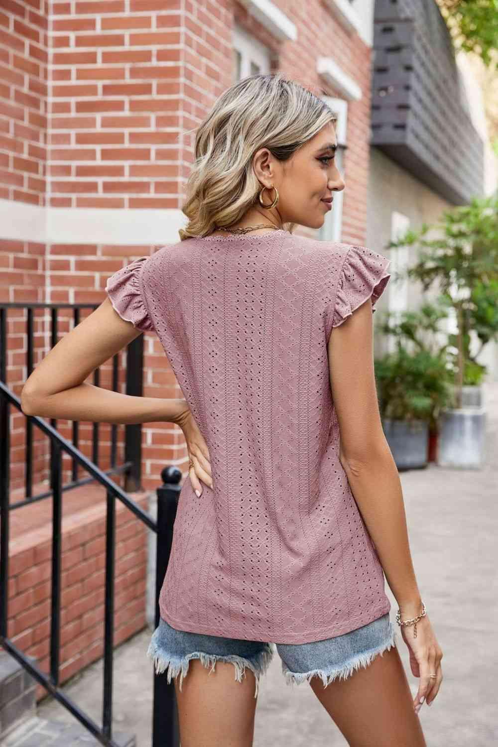 Eyelet Flutter Sleeve Scalloped V Neck Top - Chic Yana's Fashion