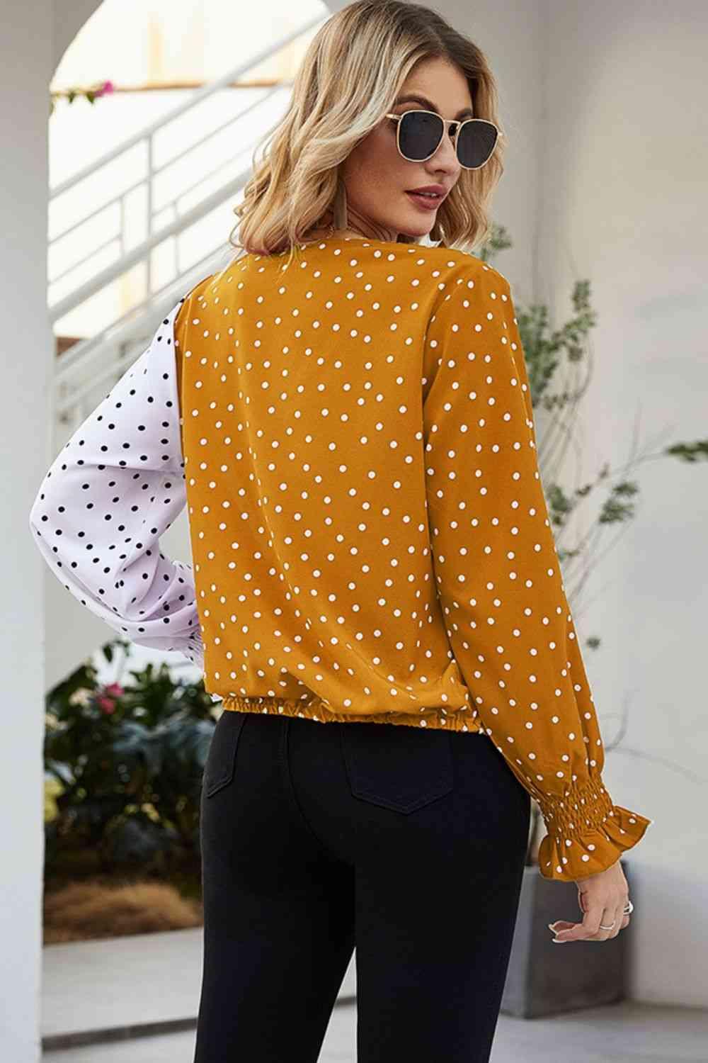 Ivy Lane Polka Dot Surplice Neck Lantern Sleeve Blouse - Chic Yana's Fashion