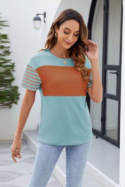 Color Block Round Neck Short Sleeve T Shirt - Chic Yana's Fashion