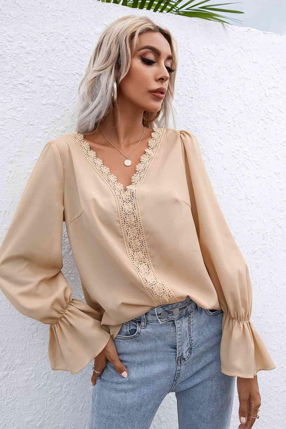 Ivy Lane Lace Trim Flounce Sleeve Blouse - Chic Yana's Fashion