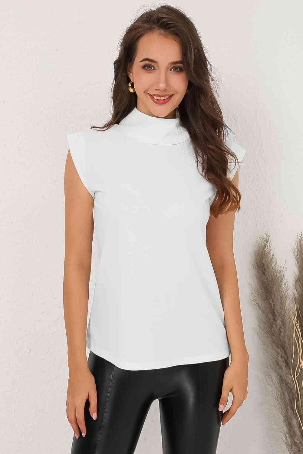 Mock Neck Cap Sleeve Blouse - Chic Yana's Fashion