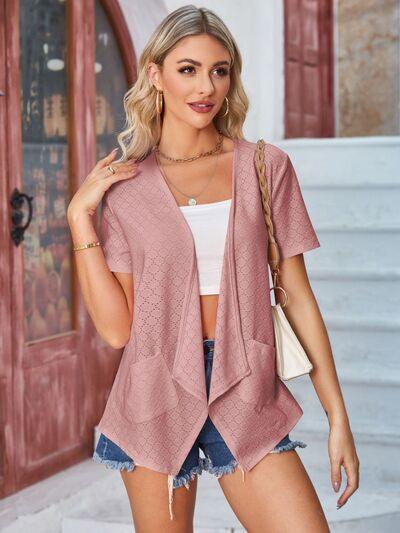 Eyelet Open Front Short Sleeve Cover Up - Chic Yana's Fashion