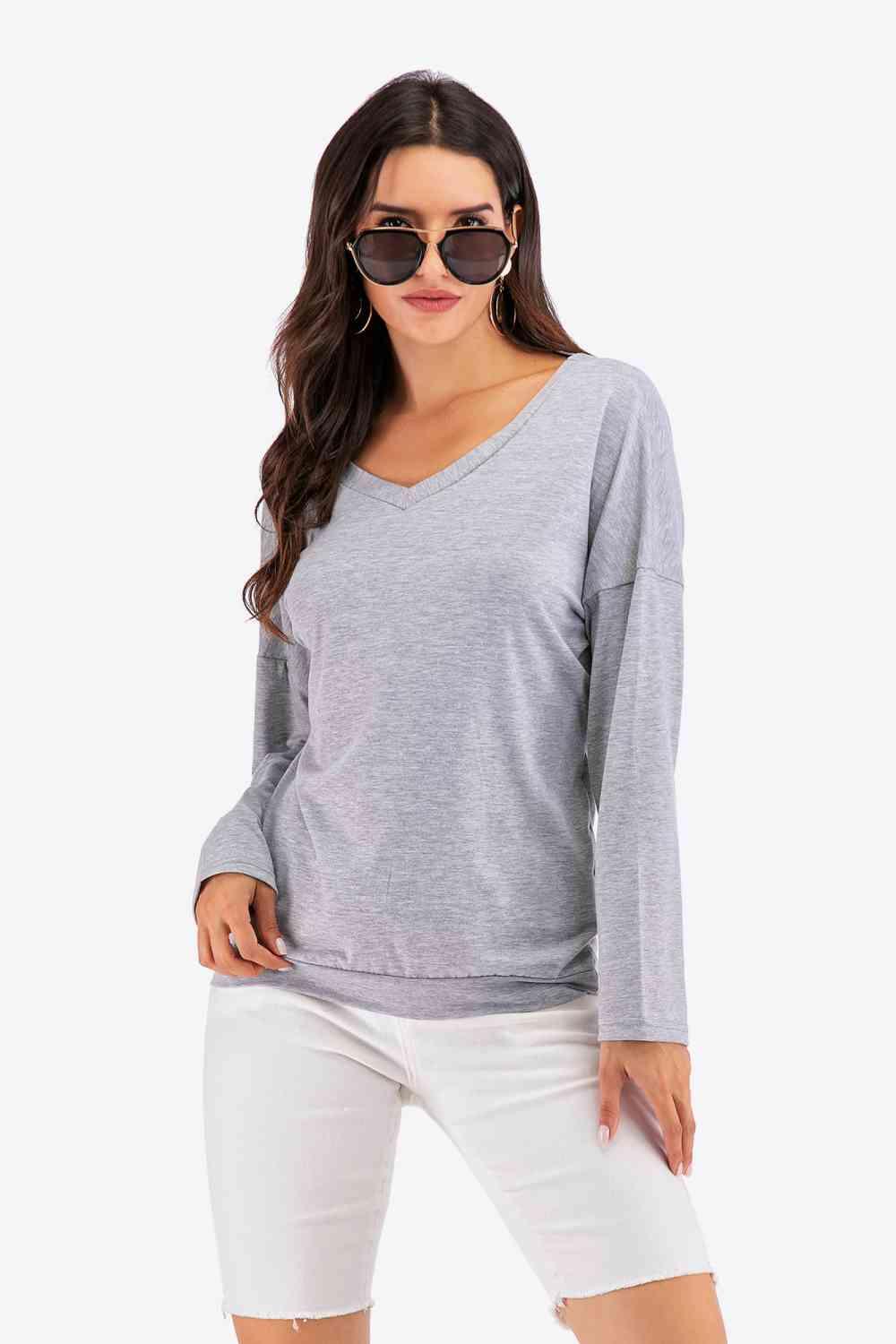 Perfee V Neck Drop Shoulder Open Back Sweatshirt - Chic Yana's Fashion