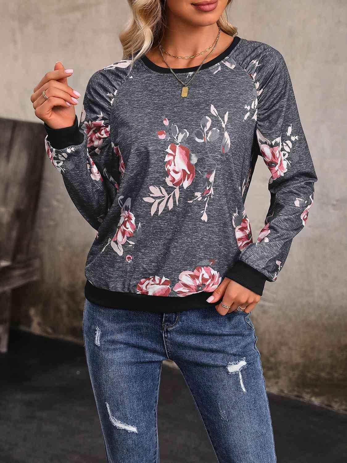 Perfee Floral Round Neck Raglan Sleeve Sweatshirt - Chic Yana's Fashion