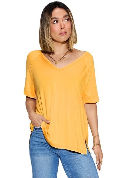 Basic Bae Full Size Bamboo Slit V Neck Short Sleeve T Shirt - Chic Yana's Fashion