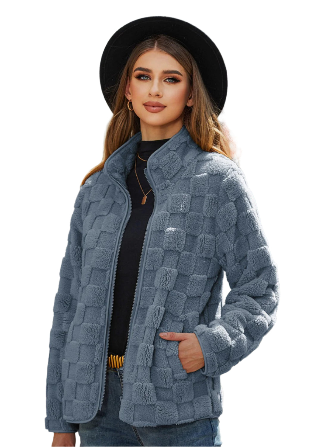 Fuzzy Checkered Zip Up Jacket - Chic Yana’s Fashion