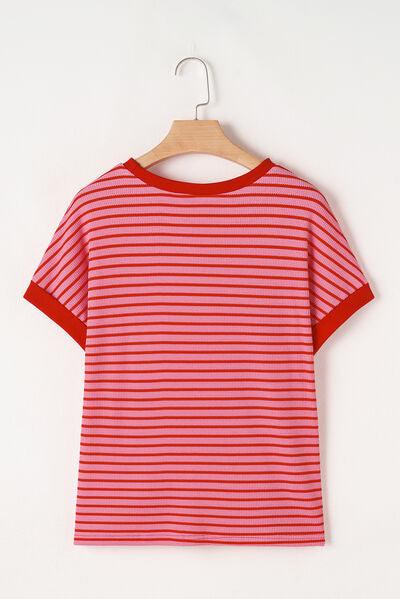 Contrast Striped Round Neck Short Sleeve T Shirt - Chic Yana's Fashion