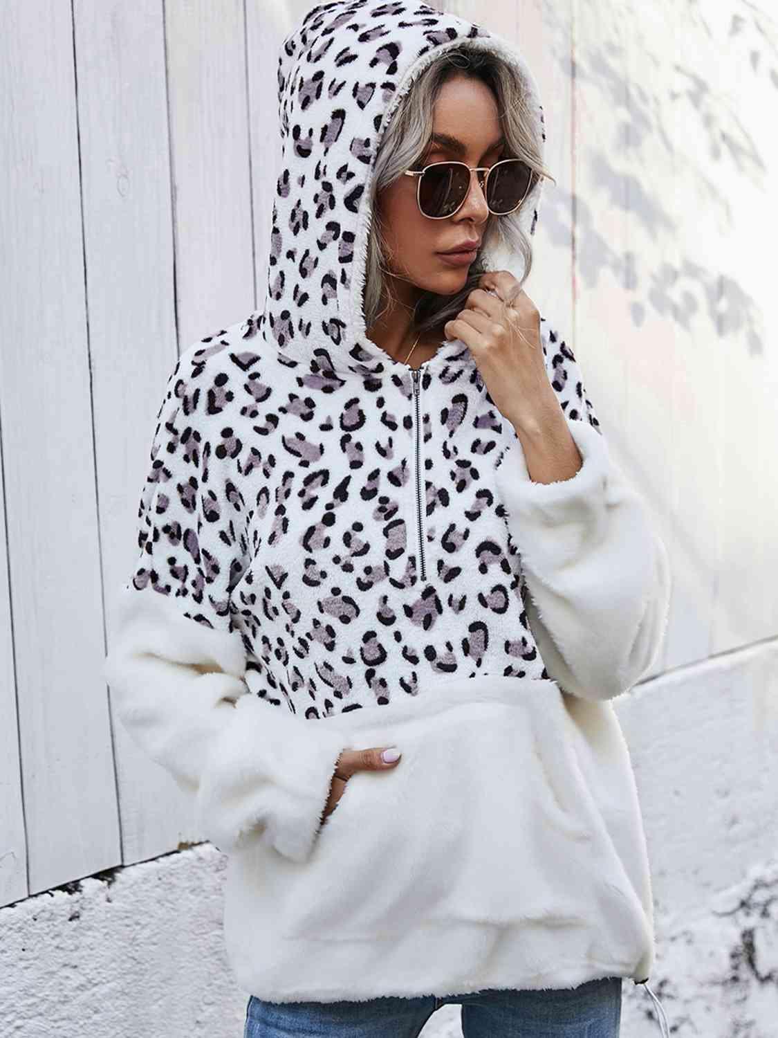 Shiny Leopard Half Zip Dropped Shoulder Hoodie - Chic Yana's Fashion