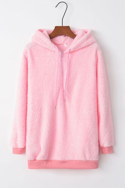 Full Size Quarter Zip Drawstring Teddy Hoodie - Chic Yana's Fashion