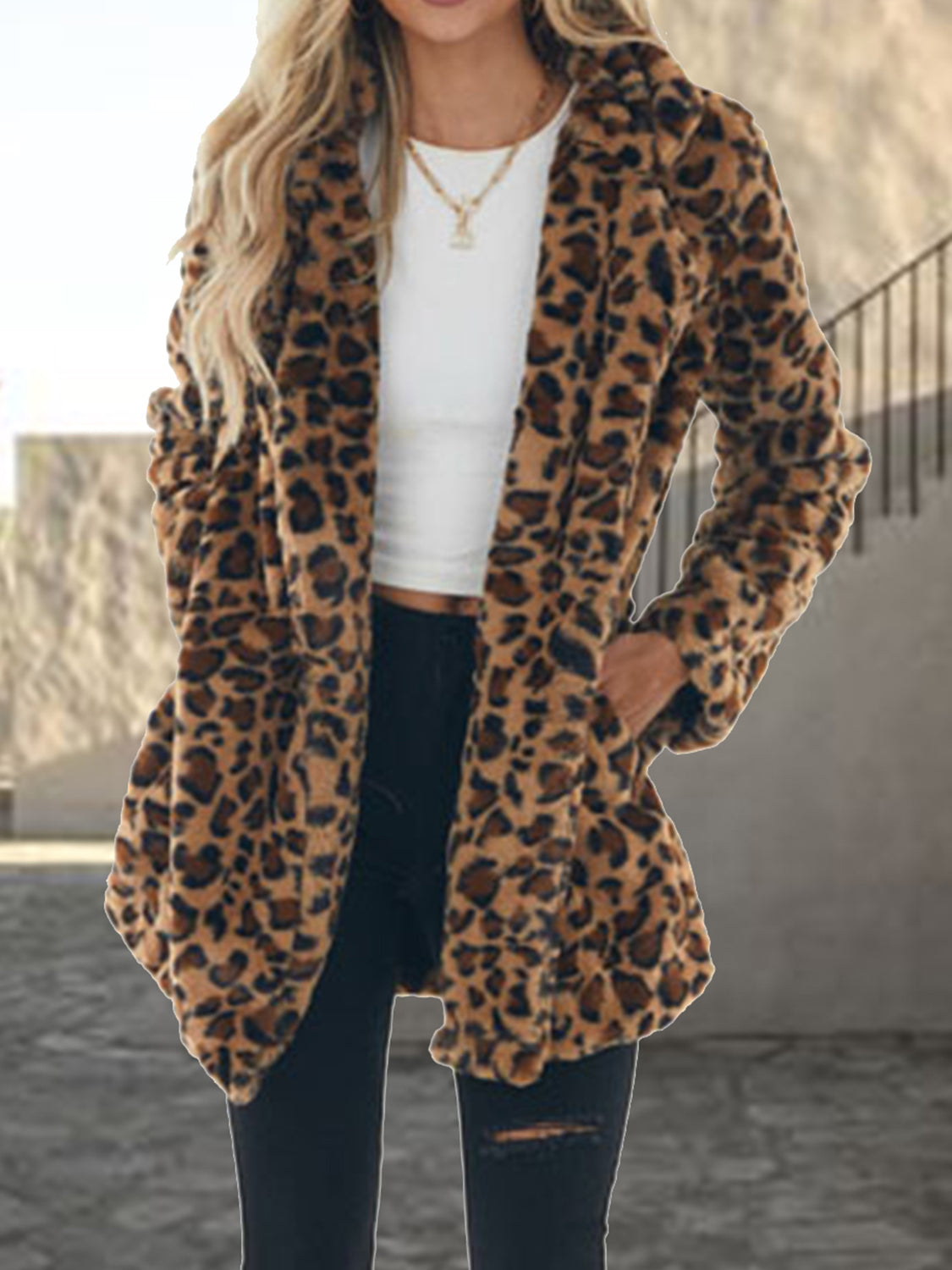 Leopard Collared Neck Coat with Pockets - Chic Yana’s Fashion