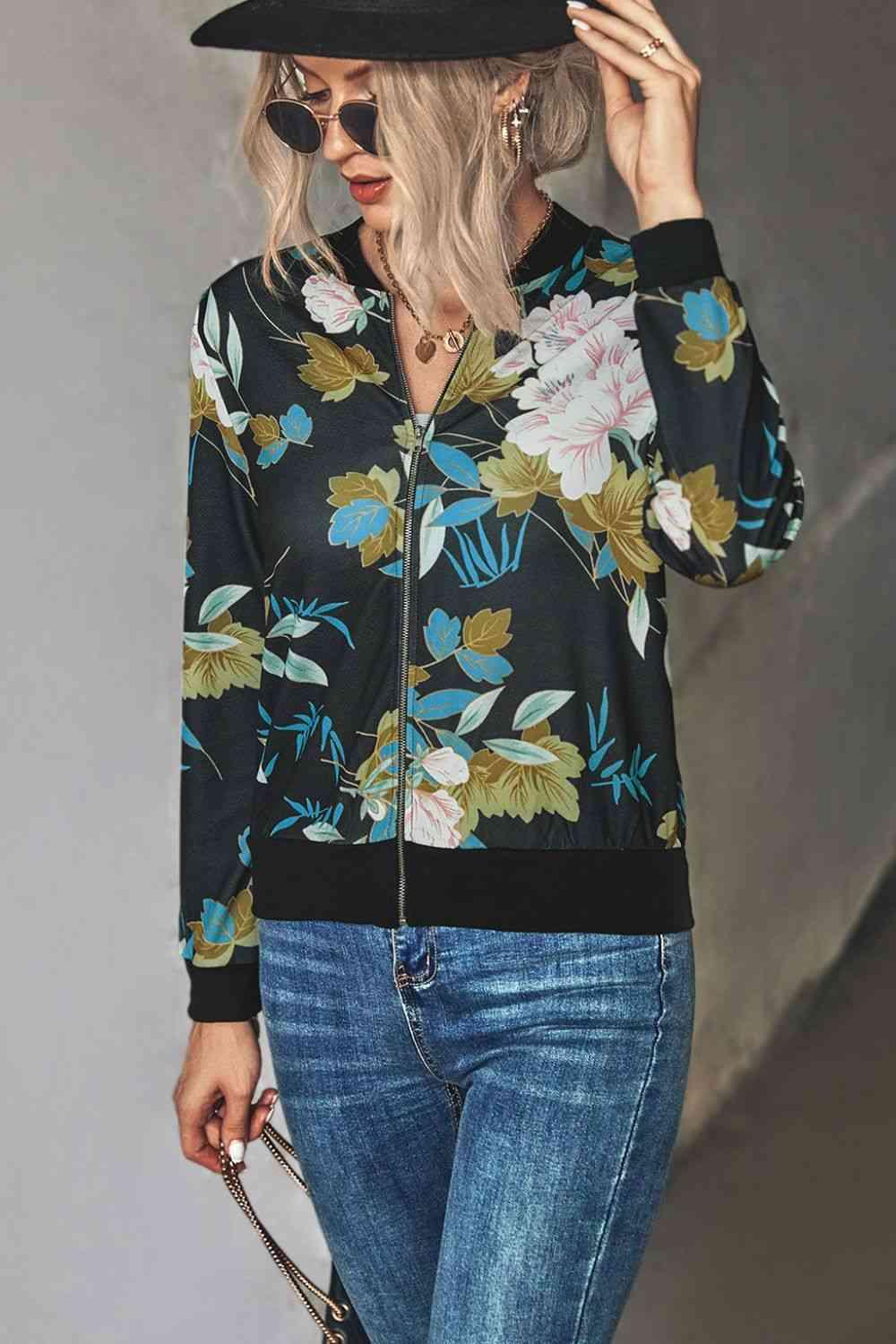 Floral Zip Up Ribbed Trim Bomber Jacket - Chic Yana's Fashion