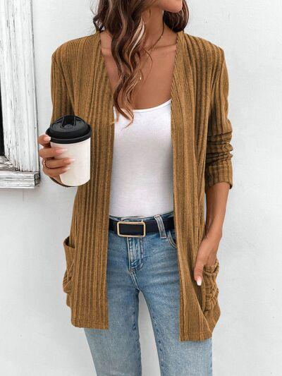 Pocketed Open Front Long Sleeve Cardigan - Chic Yana's Fashion