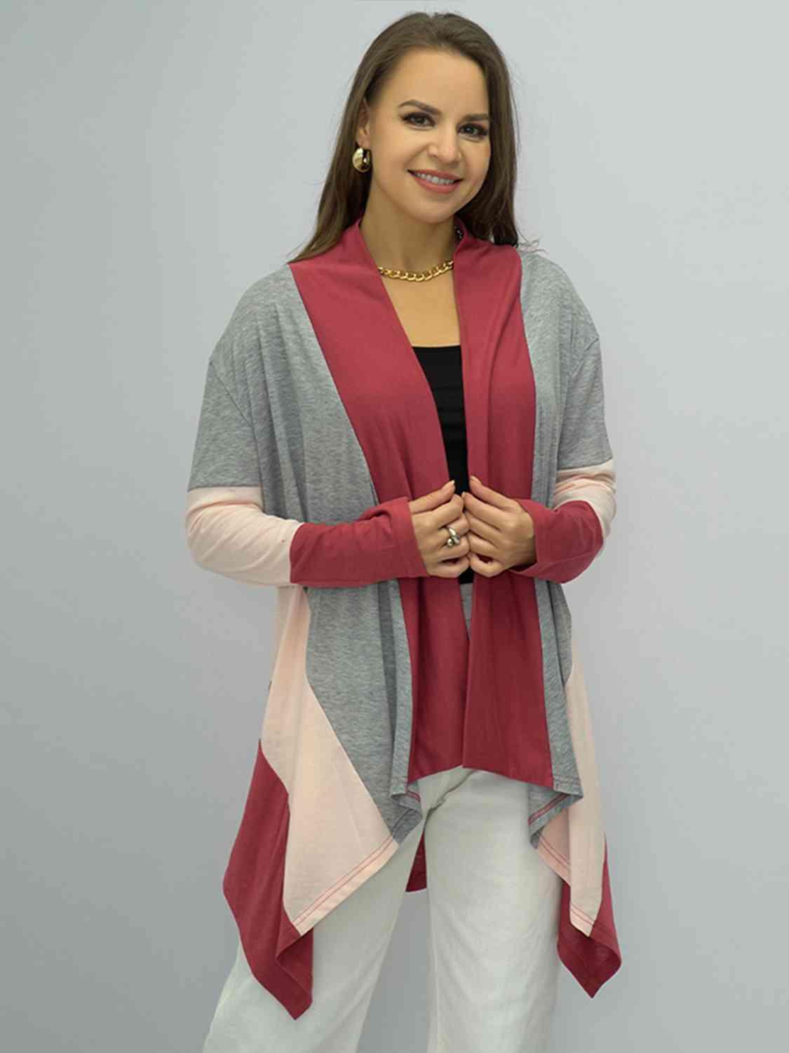 Shiny Color Block Open Front Cardigan - Chic Yana's Fashion