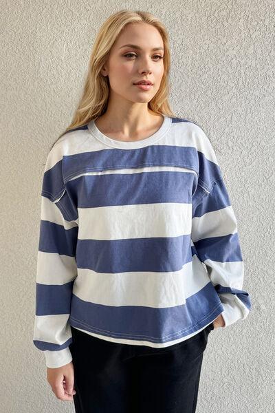 Oh Pima Cotton Wash Exposed Seam Contrast Striped Round Neck Long Sleeve T Shirt - Chic Yana's Fashion