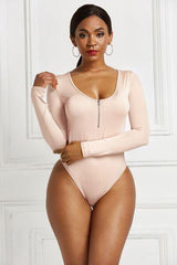 Half Zip Scoop Neck Long Sleeve Bodysuit - Chic Yana's Fashion