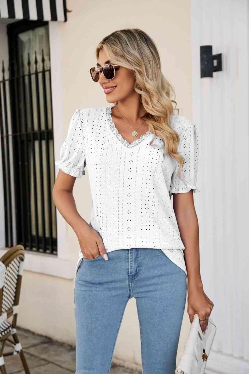 Eyelet Flounce Sleeve Scalloped V Neck Top - Chic Yana's Fashion