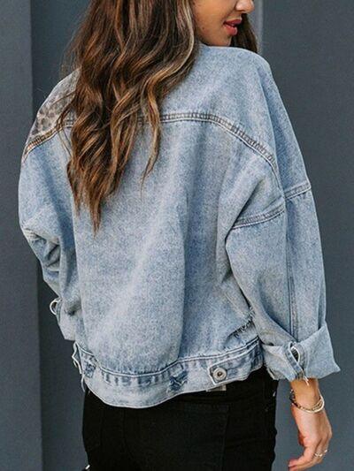 Distressed Leopard Drop Shoulder Denim Jacket - Chic Yana's Fashion