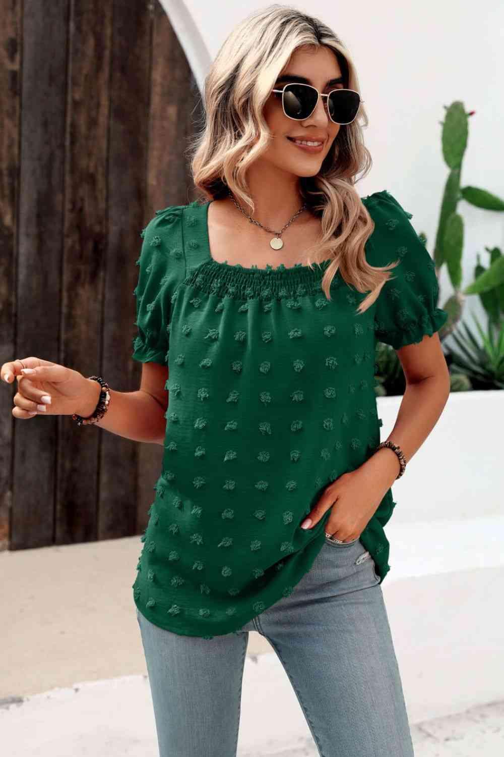 Mandy Swiss Dot Puff Sleeve Square Neck Blouse - Chic Yana's Fashion