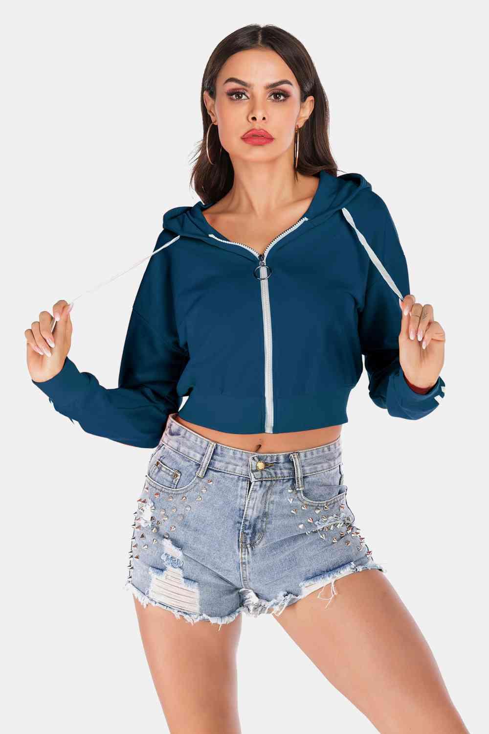 Perfee Side Stripe Drawstring Cropped Hooded Jacket - Chic Yana's Fashion