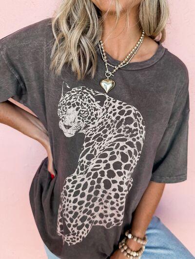 Cheetah Mineral Wash Round Neck Half Sleeve T Shirt - Chic Yana's Fashion