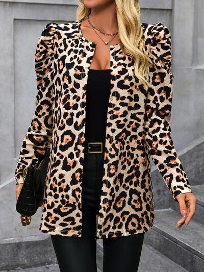 Leopard Open Front Puff Sleeve Jacket - Chic Yana's Fashion