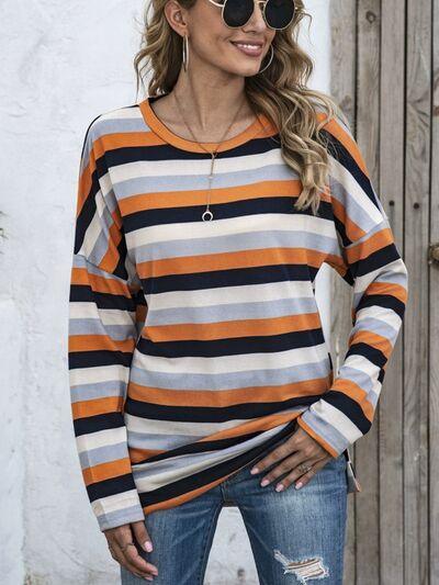 Full Size Striped Round Neck Long Sleeve T Shirt Plus Size - Chic Yana's Fashion