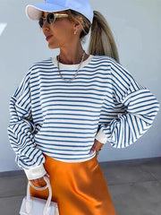 Full Size Striped Round Neck Long Sleeve Sweatshirt Plus Size - Chic Yana's Fashion